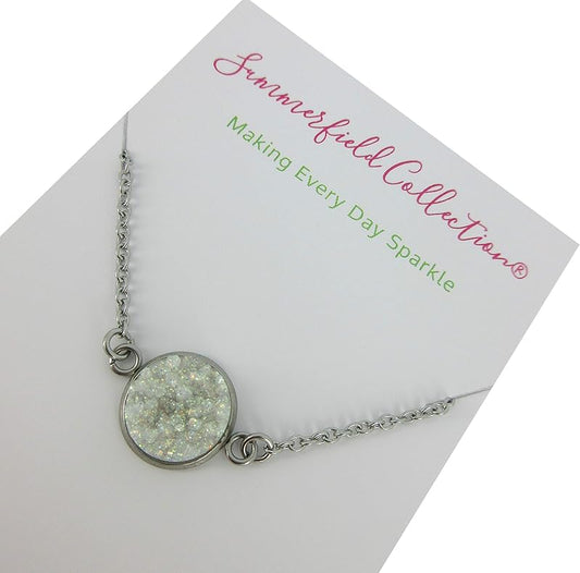 Summerfield Collection Stainless Steel Faux Druzy Stone Pendant Necklace (White AB Glitter)
