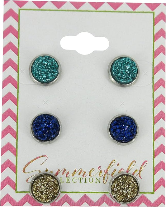 Summerfield Collection Trio Stainless Steel Ocean Blues Faux Glitter Druzy Stone 8mm Stud Earrings Set Teal Cobalt