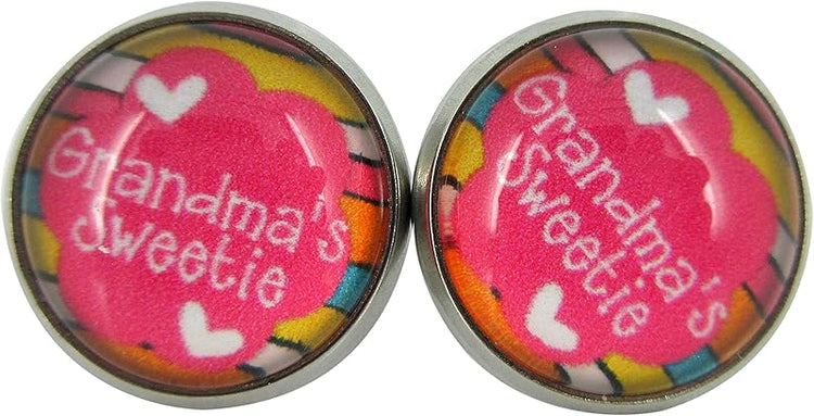 Summerfield Collection Stainless Steel Grandma's Sweetie Print Glass Stud Earrings 12mm Pink