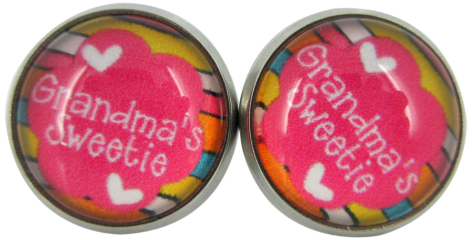 Stainless Steel Grandma's Sweetie Print Glass Stud Earrings 12mm Pink