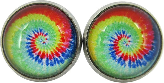 Summerfield Collection Stainless Steel Tie Dye Print Glass Stud Earrings 12mm (Aqua/Royal Swirl)