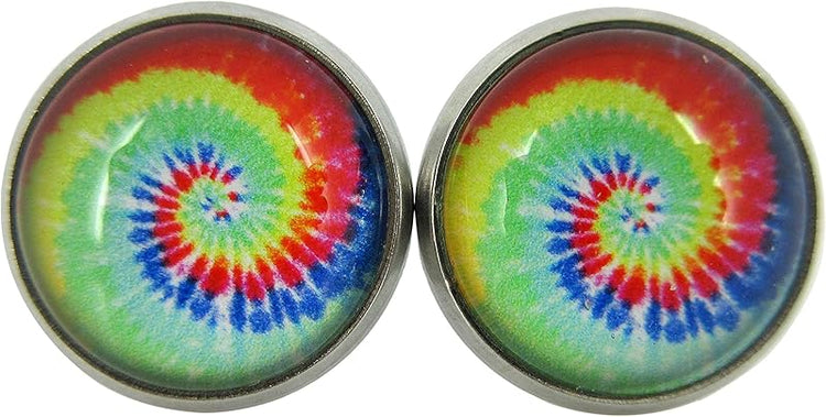 Summerfield Collection Stainless Steel Tie Dye Print Glass Stud Earrings 12mm (Aqua/Royal Swirl)
