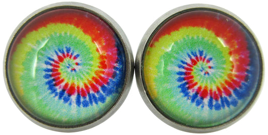 Stainless Steel Tie Dye Print Glass Stud Earrings 12mm (Aqua/Royal Swirl)