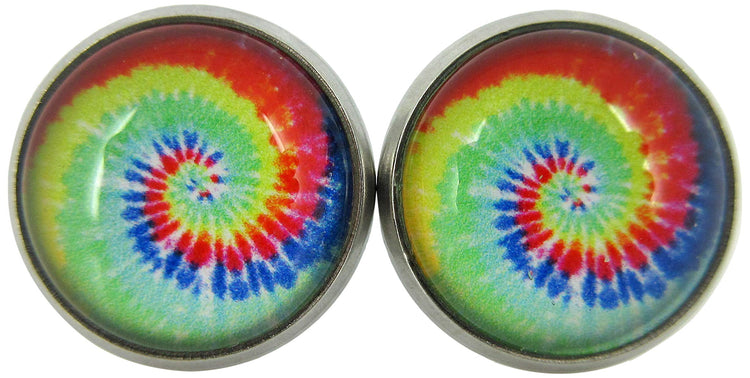 Stainless Steel Tie Dye Print Glass Stud Earrings 12mm (Aqua/Royal Swirl)