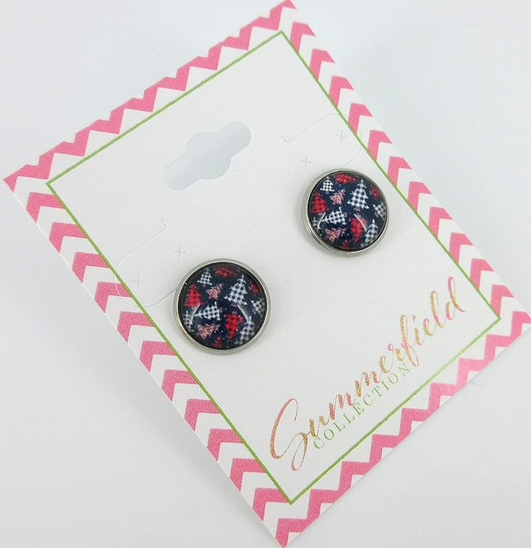 Summerfield Collection Stainless Steel Buffalo Plaid Print Glass Stud Earrings 12mm (Christmas Tree Print)