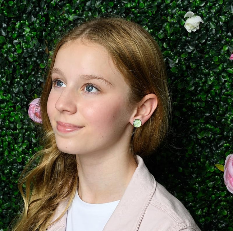 Summerfield Collection Stainless Steel Kiwi Fruit Print Glass Stud Earrings 12mm Green and White