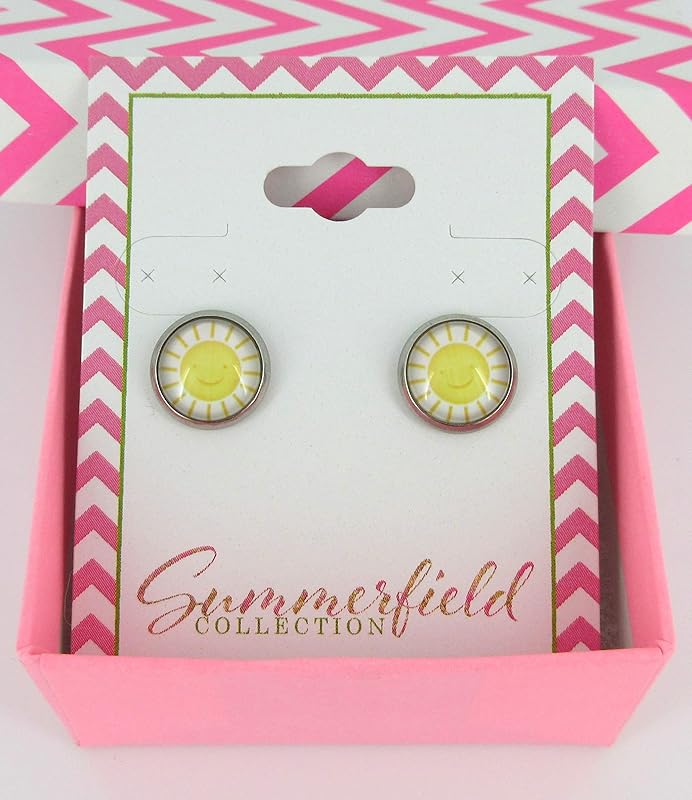 Summerfield Collection Stainless Steel White and Yellow Sunshine Print Glass Stud Earrings 10mm
