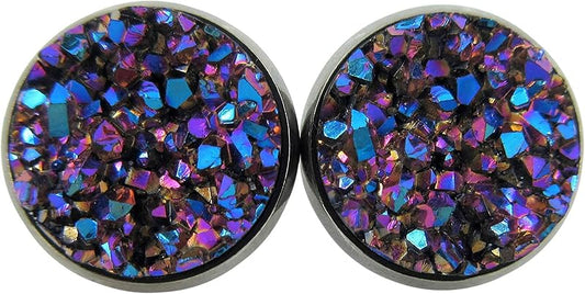 Summerfield Collection Hematite-tone Faux Druzy Stone Stud Earrings 12mm (Purple Pink and Teal)