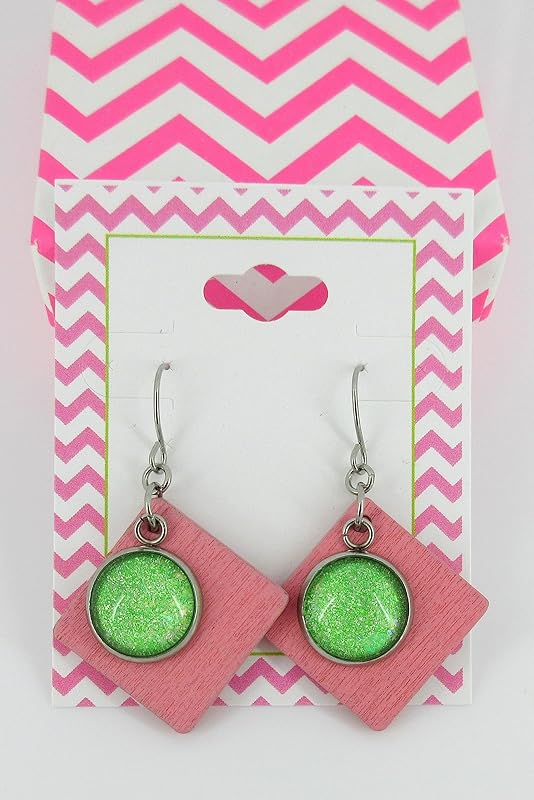 Summerfield Collection Stainless Steel Lime Green AB Glitter Glass Charm Pink Wood Square Dangle Earrings