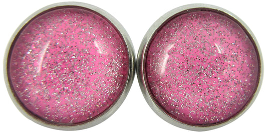 Stainless Steel Pink and Silver Glitter Glass Stud Earrings Hand-painted 12mm
