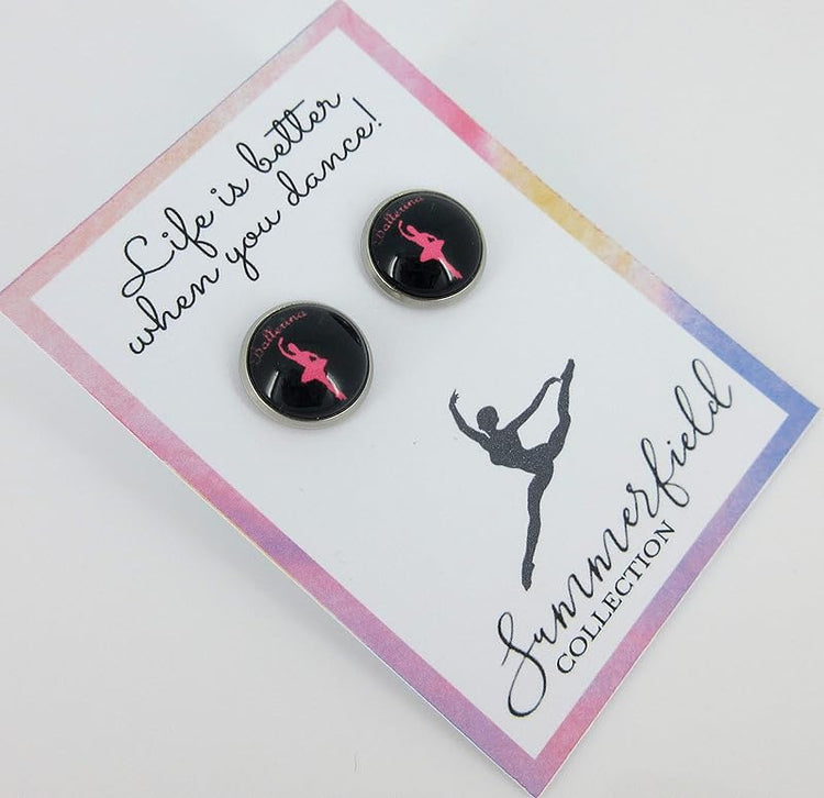 Summerfield Collection Stainless Steel I Heart Dance Print Glass Stud Earrings 12mm (Ballerina)