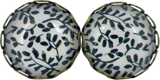 Summerfield Collection Antiqued Gold-tone Off White and Black Flower Print Glass Stud Earrings 12mm