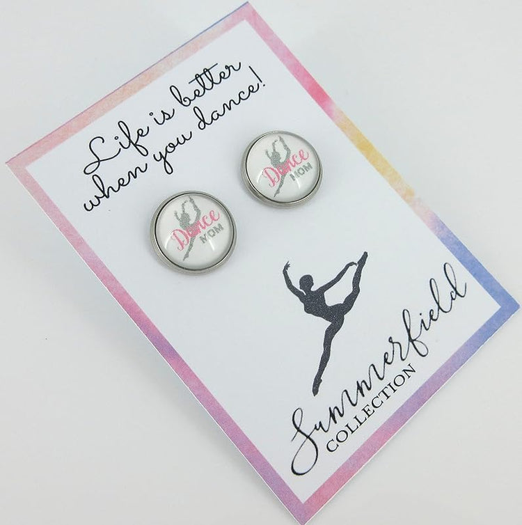 Summerfield Collection Stainless Steel Dance Mom Print Glass Stud Earrings 12mm (White Gray and Pink)