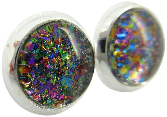 Silver-tone Dark Rainbow Glitter Glass Stud Earrings Hand-painted 8mm