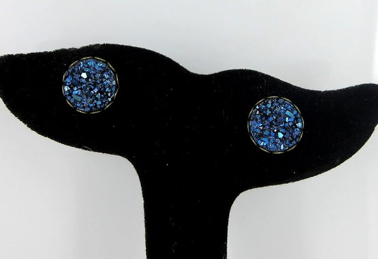 Summerfield Collection Antiqued Gold-tone Faux Druzy Stone Stud Earrings 12mm (Dark Metallic Blue)