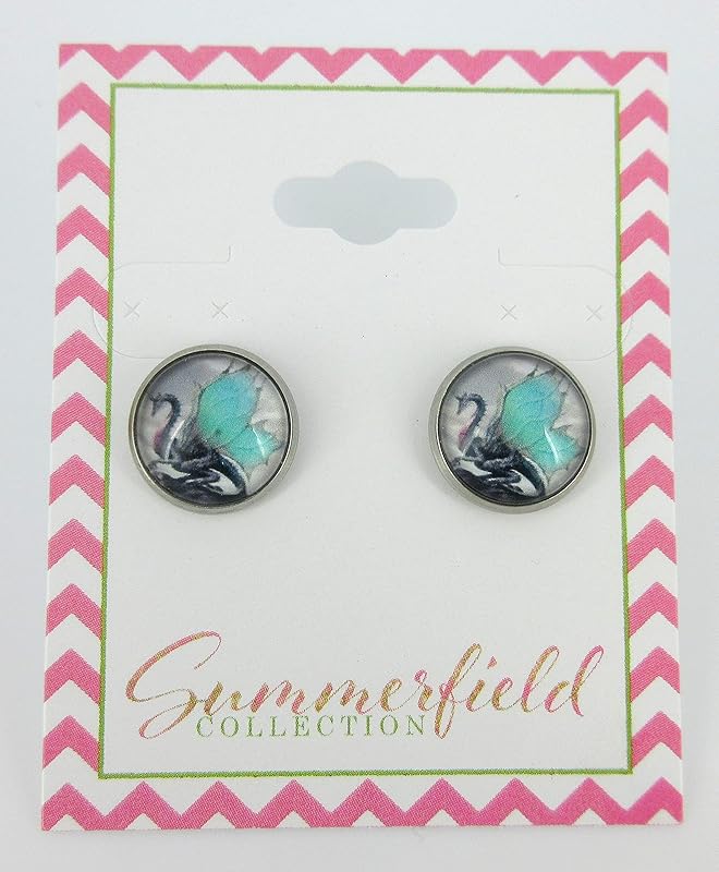 Summerfield Collection Stainless Steel Gray Black Aqua Blue Dragon Print Glass Stud Earrings 12mm
