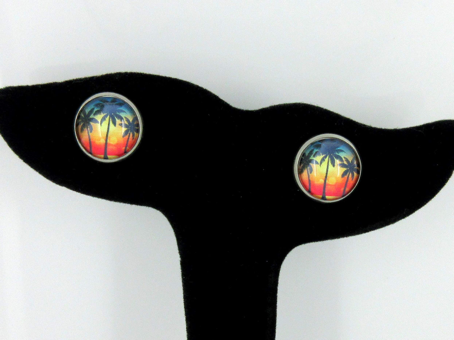 Stainless Steel Tropical Sunset Palm Tree Print Glass Stud Earrings 12mm