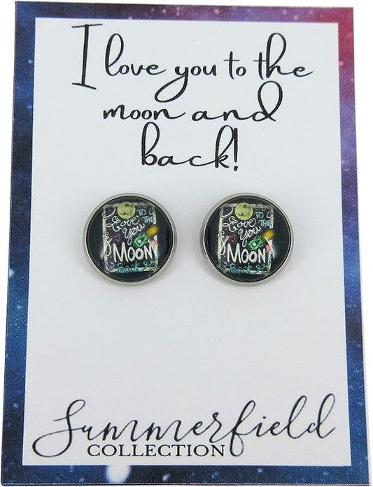 Summerfield Collection Stainless Steel I Love You to the Moon and Back Print Glass Stud Earrings 12mm (Chalk Board)