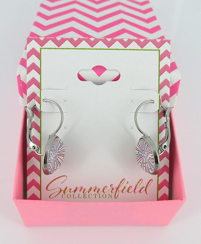 Summerfield Collection Stainless Steel Firework Print Glass Lever-back Drop Earrings 12mm Red White Blue USA