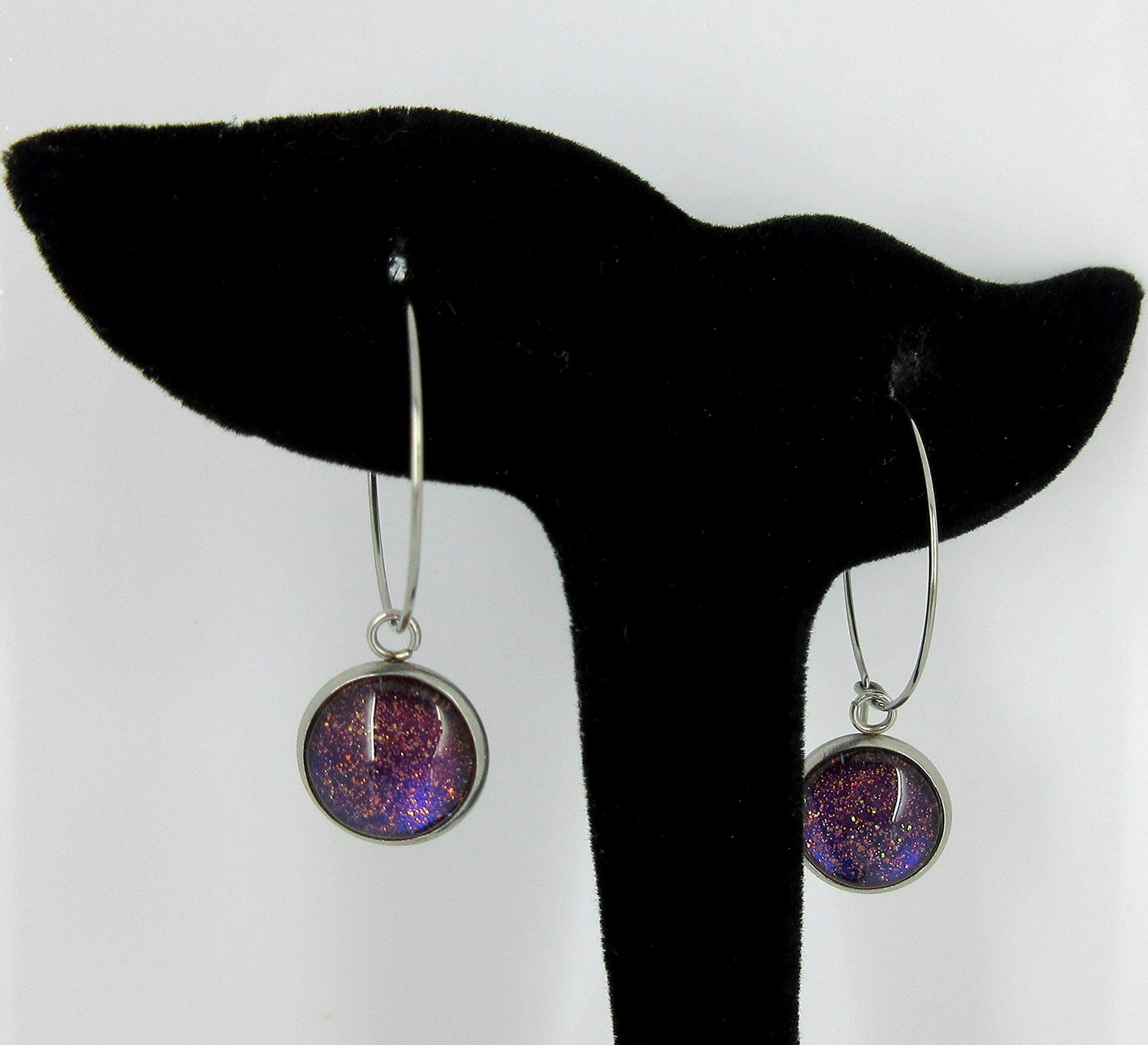 Stainless Steel Blue Red Purple and Gold Glitter Glass Charm Hoop Earrings Hand-painted 1"