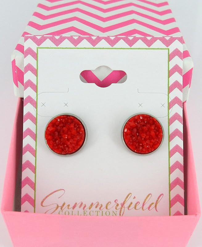 Summerfield Collection Stainless Steel Matte Faux Druzy Stone Stud Earrings 12mm (Classic Red)