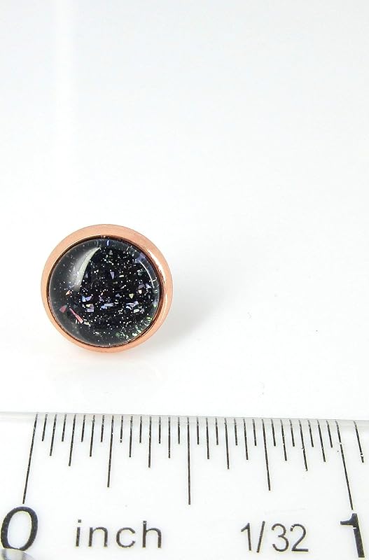 Summerfield Collection Rose Gold-tone Black and Holographic Flake Glitter Glass Stud Earrings Hand-painted 10mm