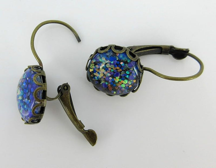Summerfield Collection Antiqued Gold-tone Purple Blue Green Iridescent Glitter Glass Lever-back Earrings Hand-painted