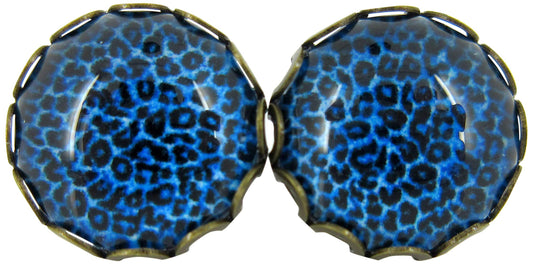 Antiqued Gold-tone Animal Print Glass Stud Earrings 12mm (Dark Blue)