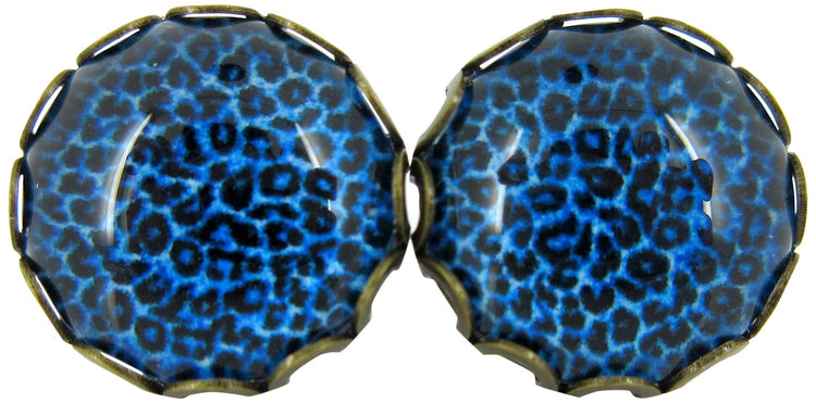 Antiqued Gold-tone Animal Print Glass Stud Earrings 12mm (Dark Blue)