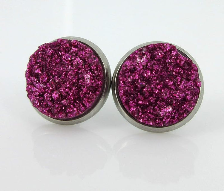 Summerfield Collection Trio Stainless Steel Glitter Faux Druzy Stone Stud Earrings Set 12mm (Pink/Purple)