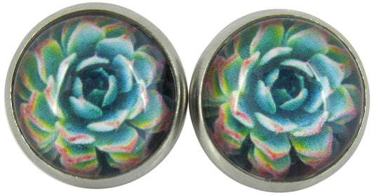 Stainless Steel Succulent Plant Print Glass Stud Earrings 12mm (Green/Yellow/Red)