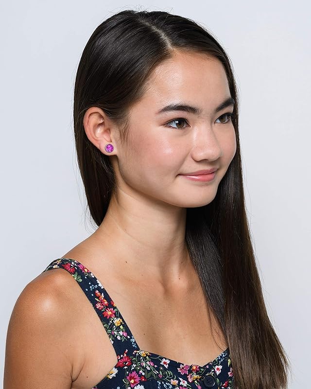 Summerfield Collection Stainless Steel Deep Magenta Faux Druzy Stone Stud Earrings (8mm)