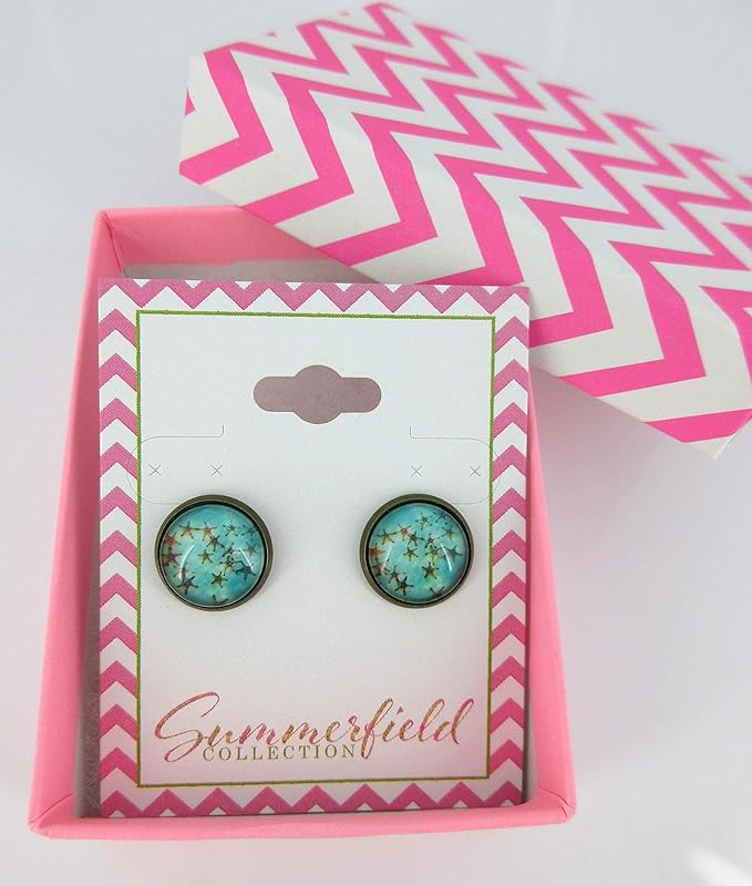 Summerfield Collection Antiqued Gold-tone Sea and Starfish Print Glass Stud Earrings 12mm