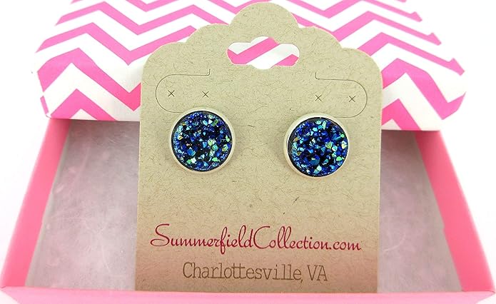 Silver-tone Metallic Faux Druzy Stone Stud Earrings 12mm (Blue)