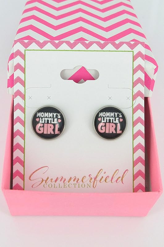 Summerfield Collection Stainless Steel Mommy's Little Girl Print Glass Stud Earrings 12mm