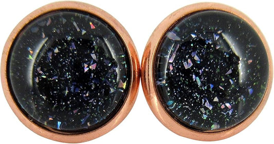 Summerfield Collection Rose Gold-tone Black and Holographic Flake Glitter Glass Stud Earrings Hand-painted 10mm