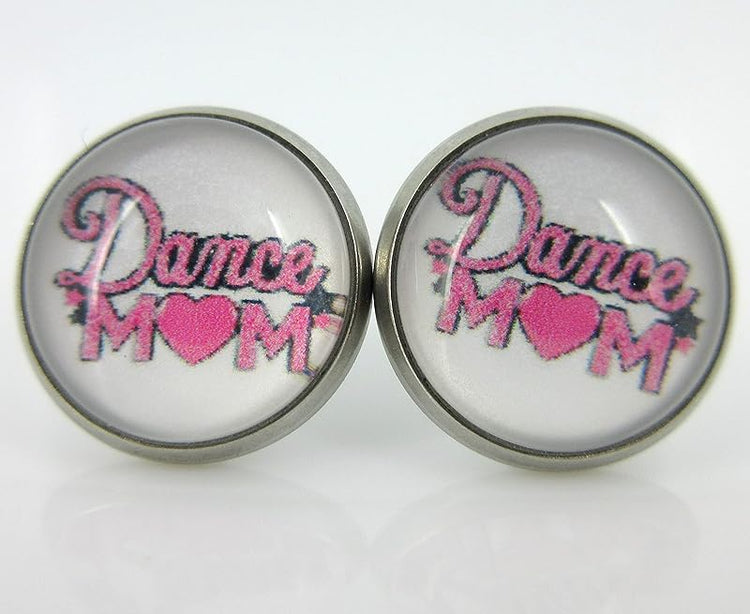 Summerfield Collection Stainless Steel Dance Mom Print Glass Stud Earrings 12mm (White and Pink w/Heart)