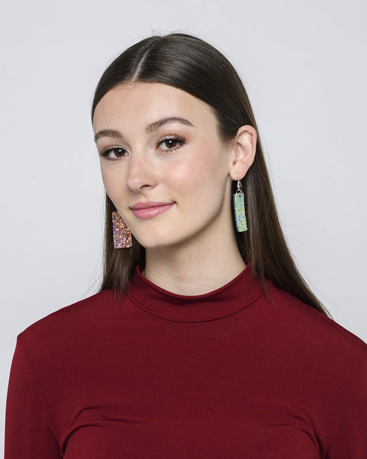 Sunset Glitter Faux Leather Large Rectangle Dangle Earrings