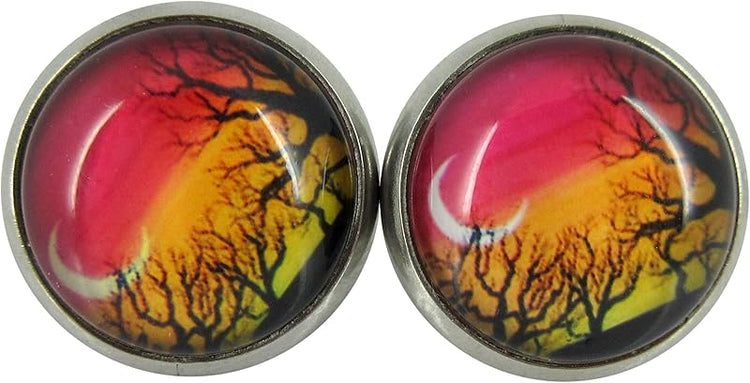 Summerfield Collection Stainless Steel Winter Sunset Print Glass Stud Earrings 12mm