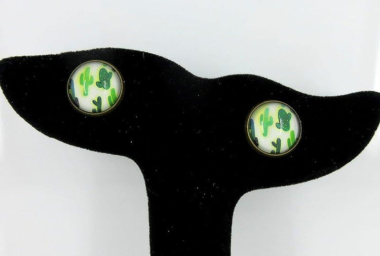 Summerfield Collection Antiqued Gold-tone Cactus Print Glass Stud Earrings 12mm