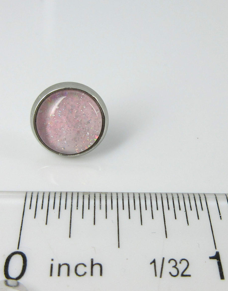 Stainless Steel Pale Pink and Iridescent Glitter Glass Stud Earrings Hand-painted 10mm
