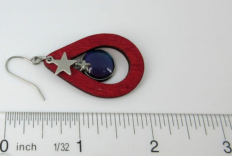 Summerfield Collection Stainless Steel Patriotic Glass Star Charm Teardrop Wood Dangle Earrings Hand-painted