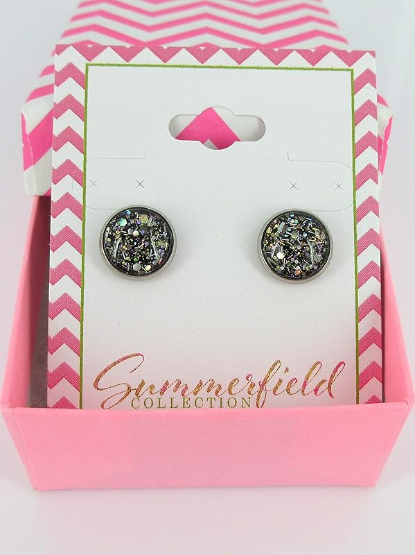 Summerfield Collection Stainless Steel Metallic Black with Silver and Gold Glitter Glass Stud Earrings Hand-painted 10mm