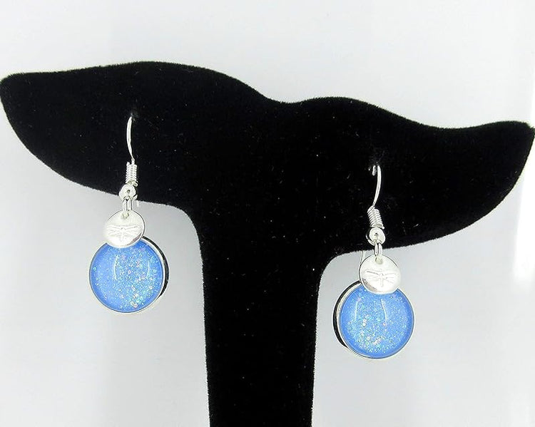 Summerfield Collection Silver-tone Blue Iridescent Glitter Glass Dragonfly Charm Dangle Earrings Hand-painted