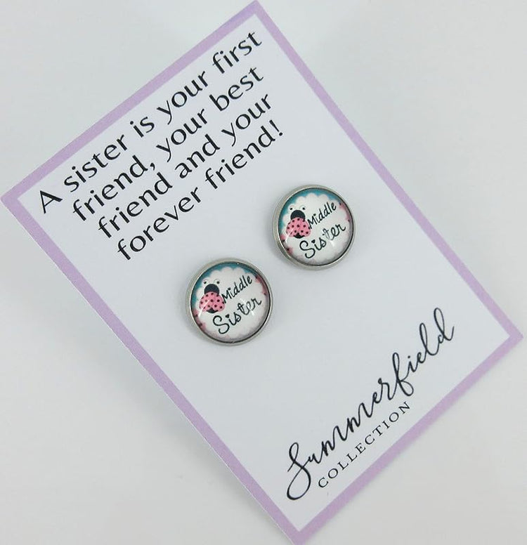 Summerfield Collection Stainless Steel Sister Print Glass Stud Earrings 12mm (Middle Sister)