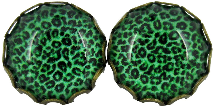Antiqued Gold-tone Animal Print Glass Stud Earrings 12mm (Grass Green)