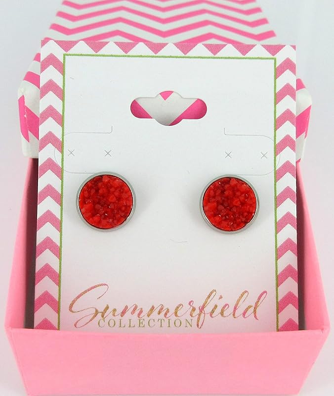 Summerfield Collection Stainless Steel Matte Faux Druzy Stone Stud Earrings 10mm (Classic Red)