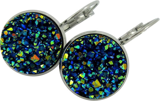 Summerfield Collection Stainless Steel Faux Druzy Stone Lever-back Drop Earrings 14mm (Blue/Green/Yellow)