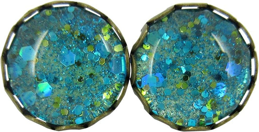 Summerfield Collection Antiqued Gold-tone Seafoam Green and Blue Glitter Glass Stud Earrings Hand-painted 10mm