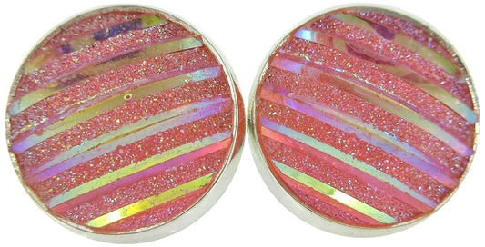 Silver-tone Frosted Metallic Stripe Stud Earrings 12mm (Light Pink AB)